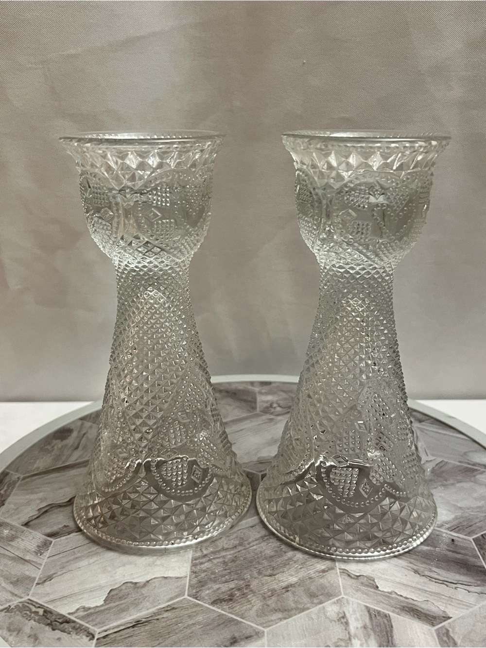 Vintage Avon Cape Cod Clear Glass Pair 8” Tall Vases Goblets